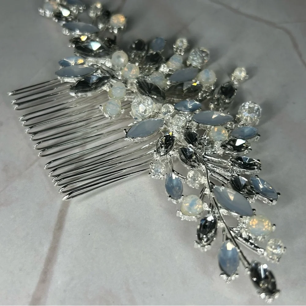 Dazzling Silver Tone Opal and Light Blue Adorned Hair Comb